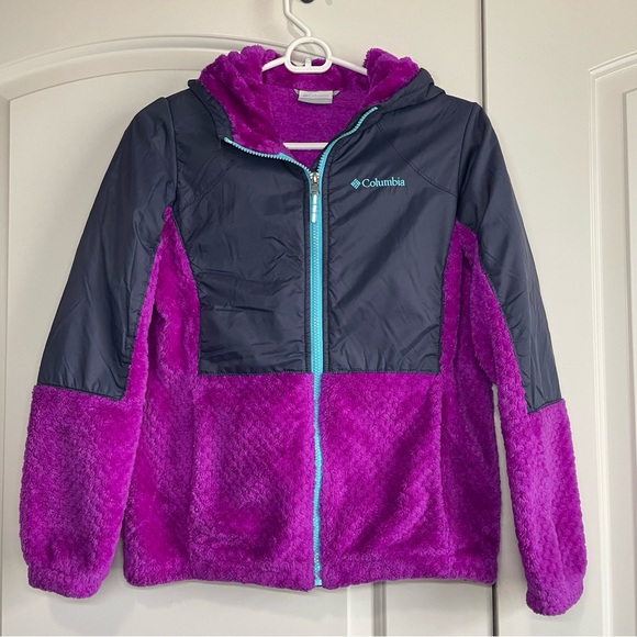 Columbia Girls Large (14/16) Sherpa Fleece Jacket Navy & Fuchsia Hood/Zip - Picture 1 of 7